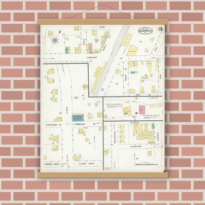 Old map wall art mockup — magnetic wood frame on brick wall — Sanborn Fire Insurance Map from Hendersonville, Henderson County, North Carolina (1908), Sheet #0003