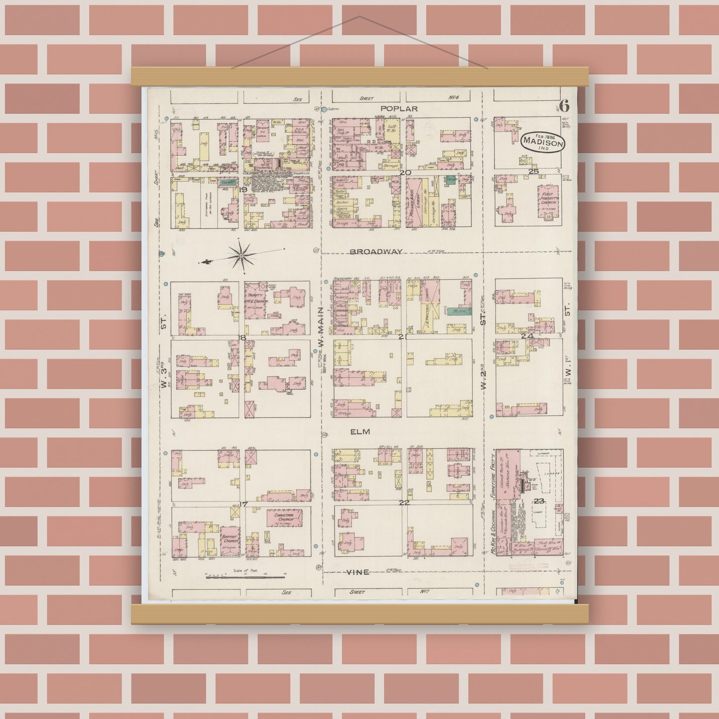 Old map wall art mockup — magnetic wood frame on brick wall — Sanborn Fire Insurance Map from Madison, Jefferson County, Indiana (1886), Sheet #0006