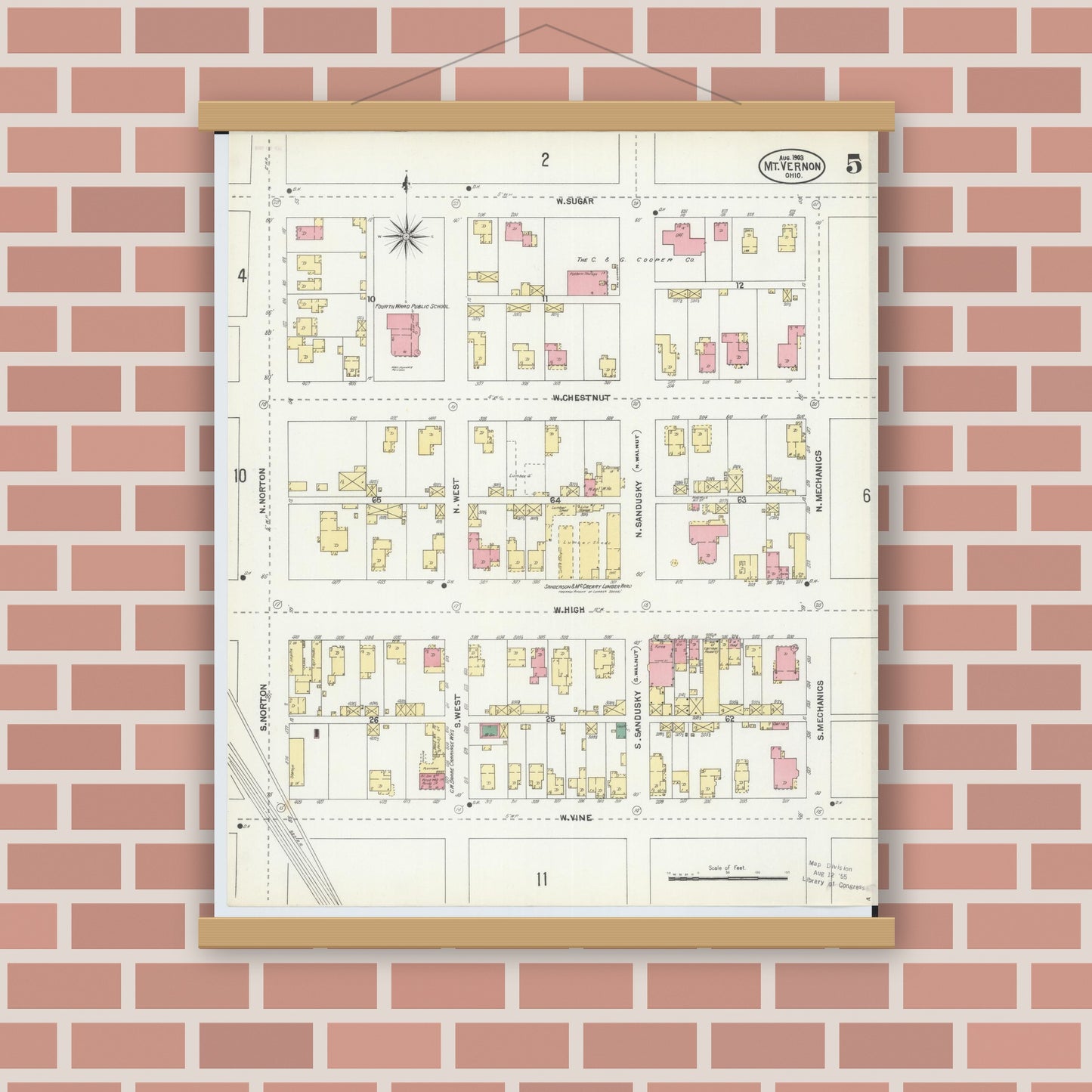 Old map wall art mockup — magnetic wood frame on brick wall — Sanborn Fire Insurance Map from Mount Vernon, Knox County, Ohio (1903), Sheet #0005
