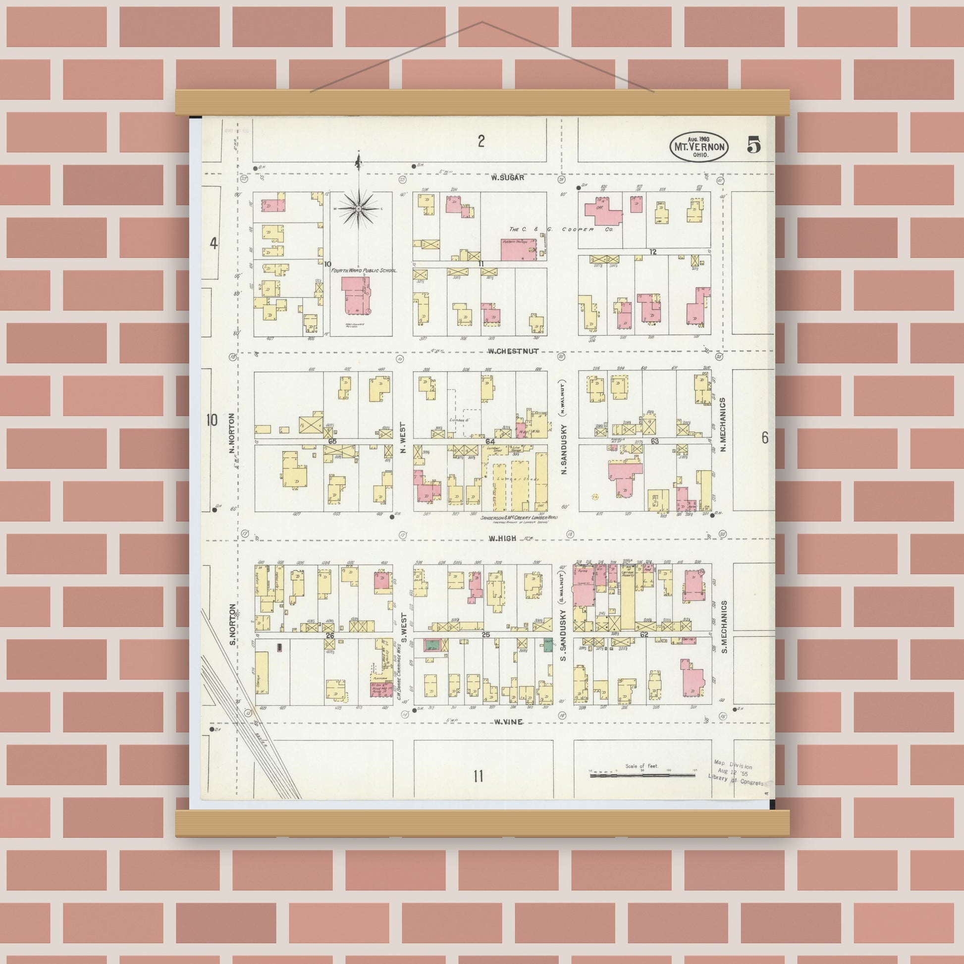 Old map wall art mockup — magnetic wood frame on brick wall — Sanborn Fire Insurance Map from Mount Vernon, Knox County, Ohio (1903), Sheet #0005