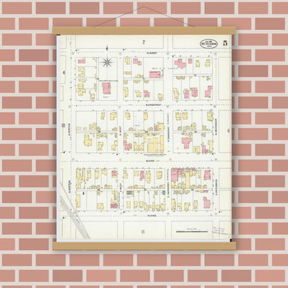 Old map wall art mockup — magnetic wood frame on brick wall — Sanborn Fire Insurance Map from Mount Vernon, Knox County, Ohio (1903), Sheet #0005