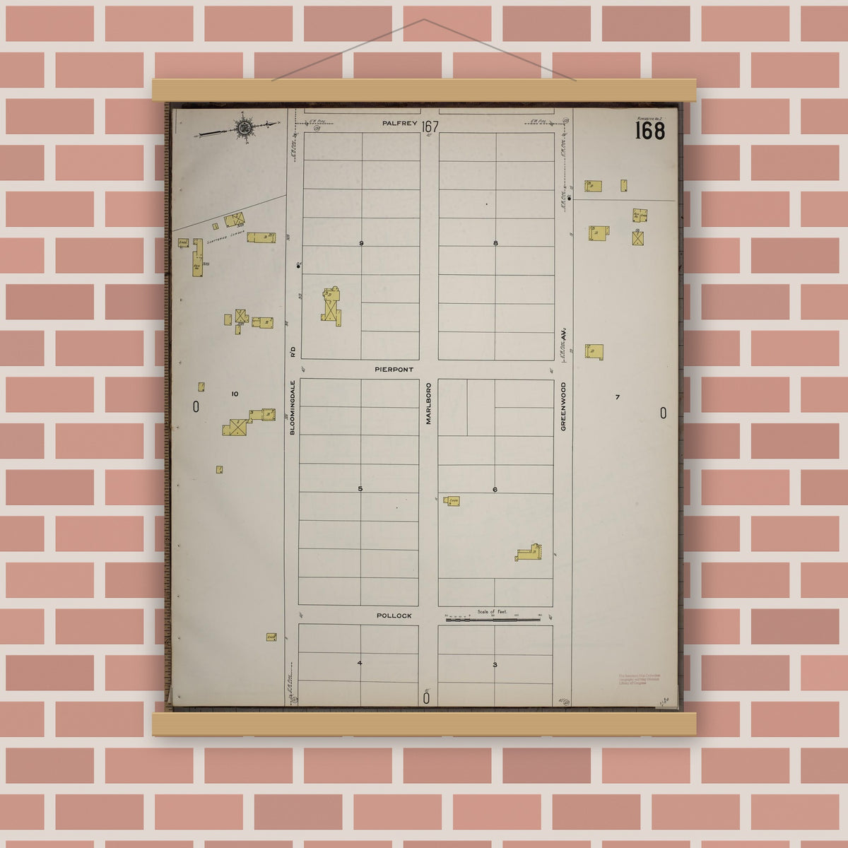 Old map wall art mockup — magnetic wood frame on brick wall — Sanborn Fire Insurance Map from Worcester, Worcester County, Massachusetts (1910), Sheet #0168