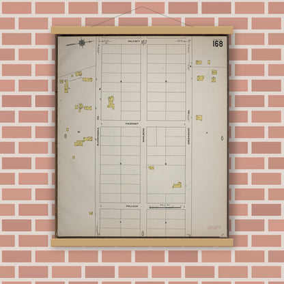Old map wall art mockup — magnetic wood frame on brick wall — Sanborn Fire Insurance Map from Worcester, Worcester County, Massachusetts (1910), Sheet #0168