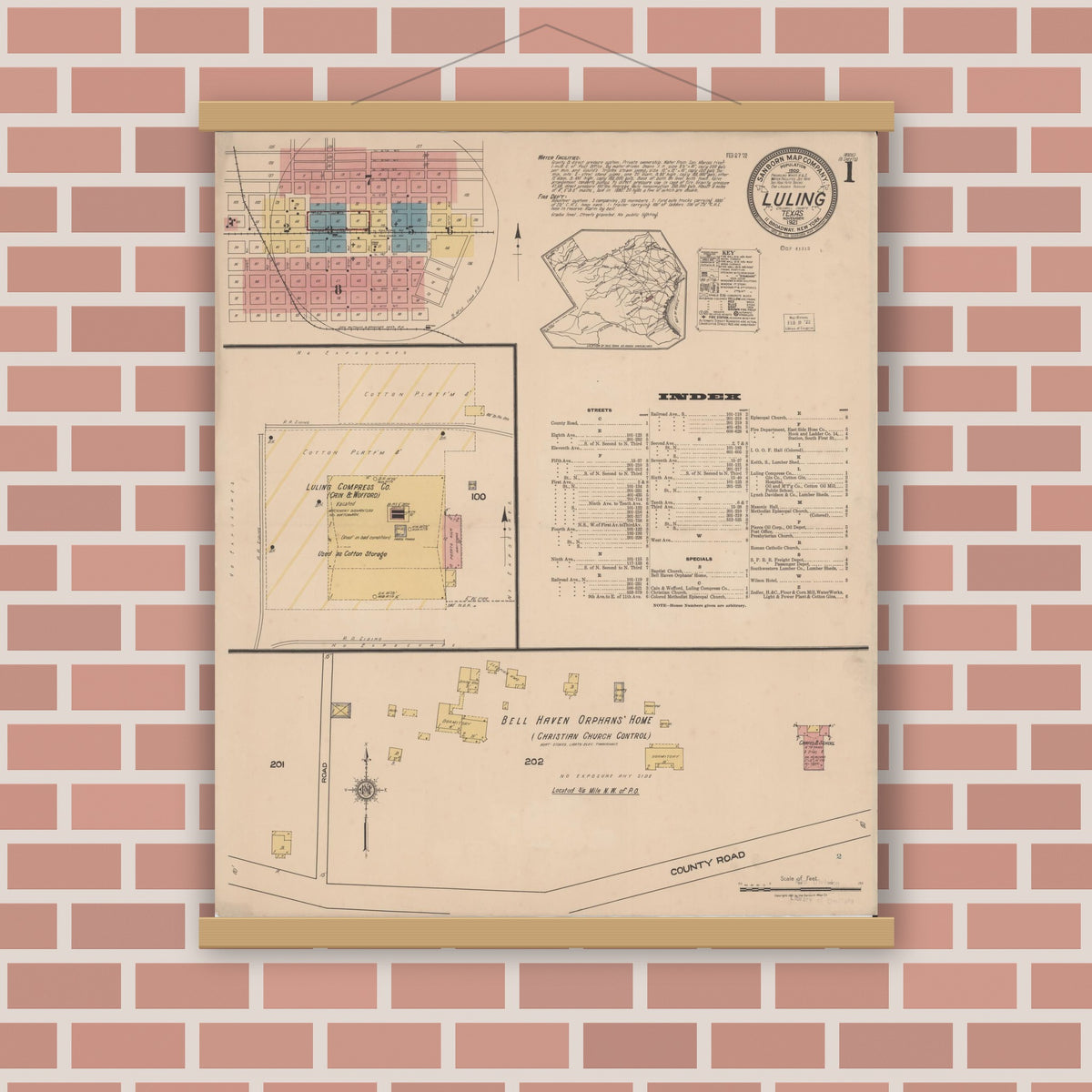 Old map wall art mockup — magnetic wood frame on brick wall — Sanborn Fire Insurance Map from Luling, Caldwell County, Texas (1921) - Complete Map Set