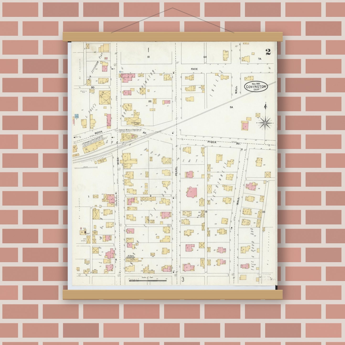 Old map wall art mockup — magnetic wood frame on brick wall — Sanborn Fire Insurance Map from Covington, Miami County, Ohio (1905), Sheet #0002