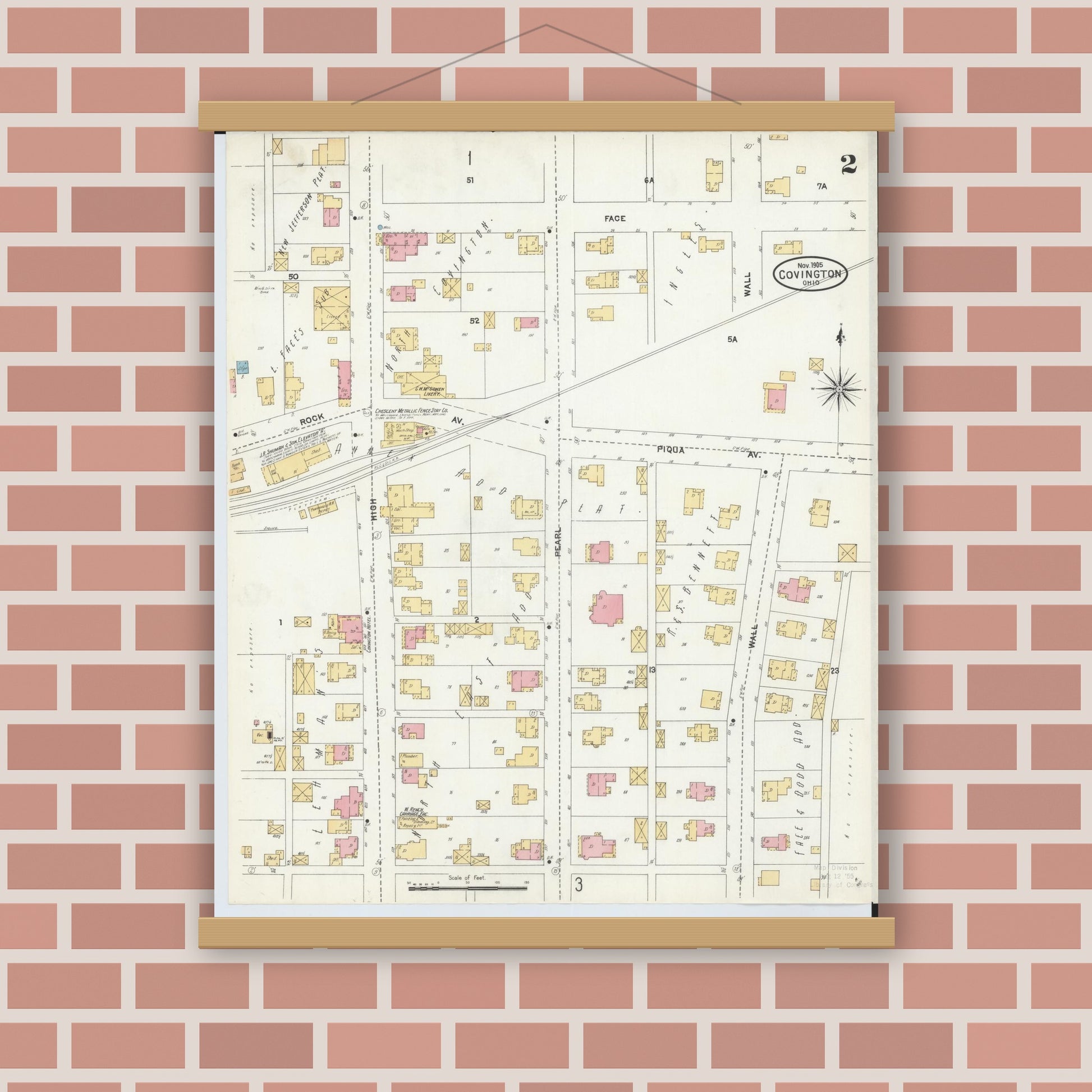 Old map wall art mockup — magnetic wood frame on brick wall — Sanborn Fire Insurance Map from Covington, Miami County, Ohio (1905), Sheet #0002