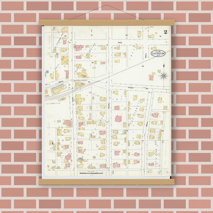 Old map wall art mockup — magnetic wood frame on brick wall — Sanborn Fire Insurance Map from Covington, Miami County, Ohio (1905), Sheet #0002