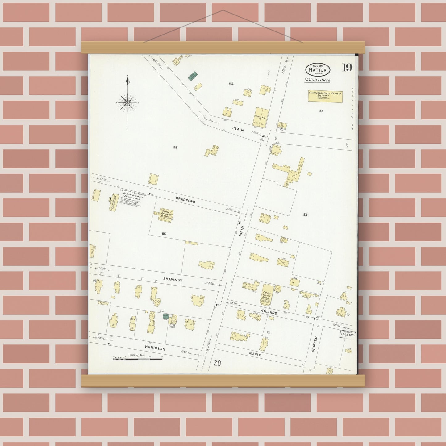 Old map wall art mockup — magnetic wood frame on brick wall — Sanborn Fire Insurance Map from Natick, Middlesex County, Massachusetts (1909), Sheet #0019