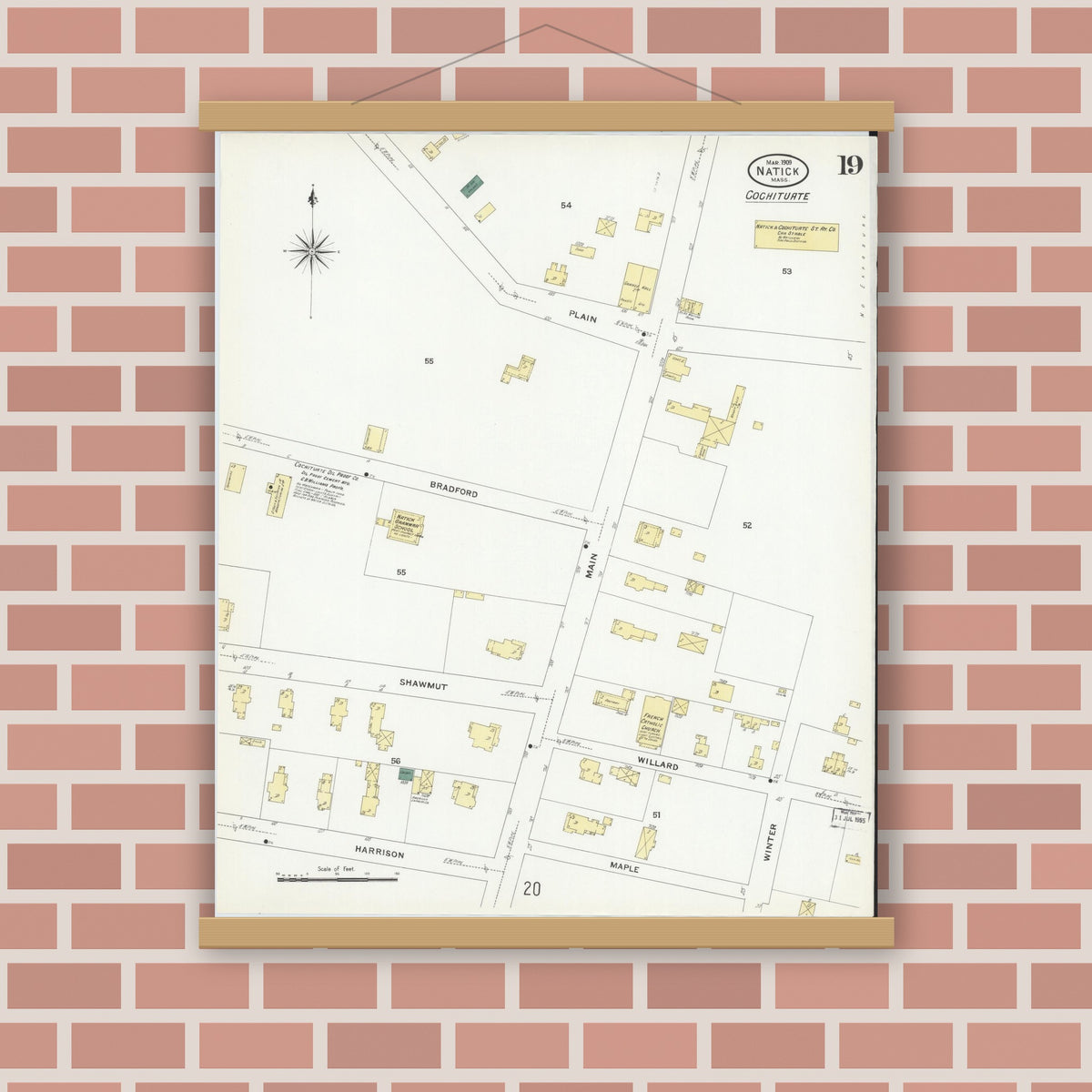 Old map wall art mockup — magnetic wood frame on brick wall — Sanborn Fire Insurance Map from Natick, Middlesex County, Massachusetts (1909), Sheet #0019