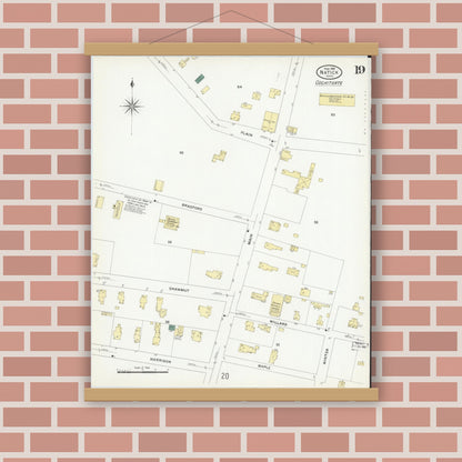 Old map wall art mockup — magnetic wood frame on brick wall — Sanborn Fire Insurance Map from Natick, Middlesex County, Massachusetts (1909), Sheet #0019