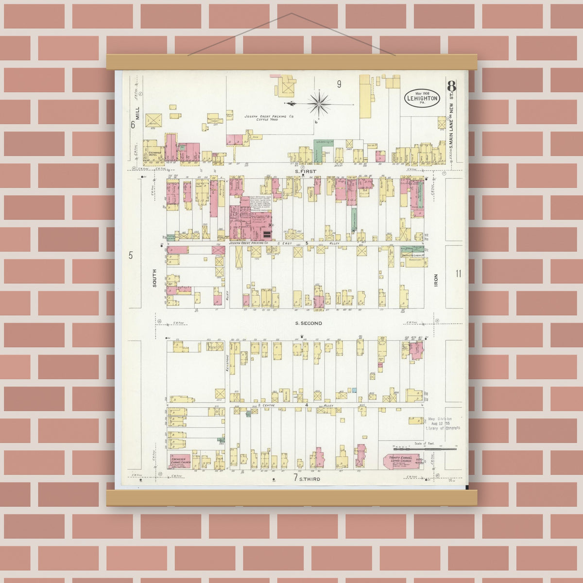 Old map wall art mockup — magnetic wood frame on brick wall — Sanborn Fire Insurance Map from Lehighton, Carbon County, Pennsylvania (1908), Sheet #0008