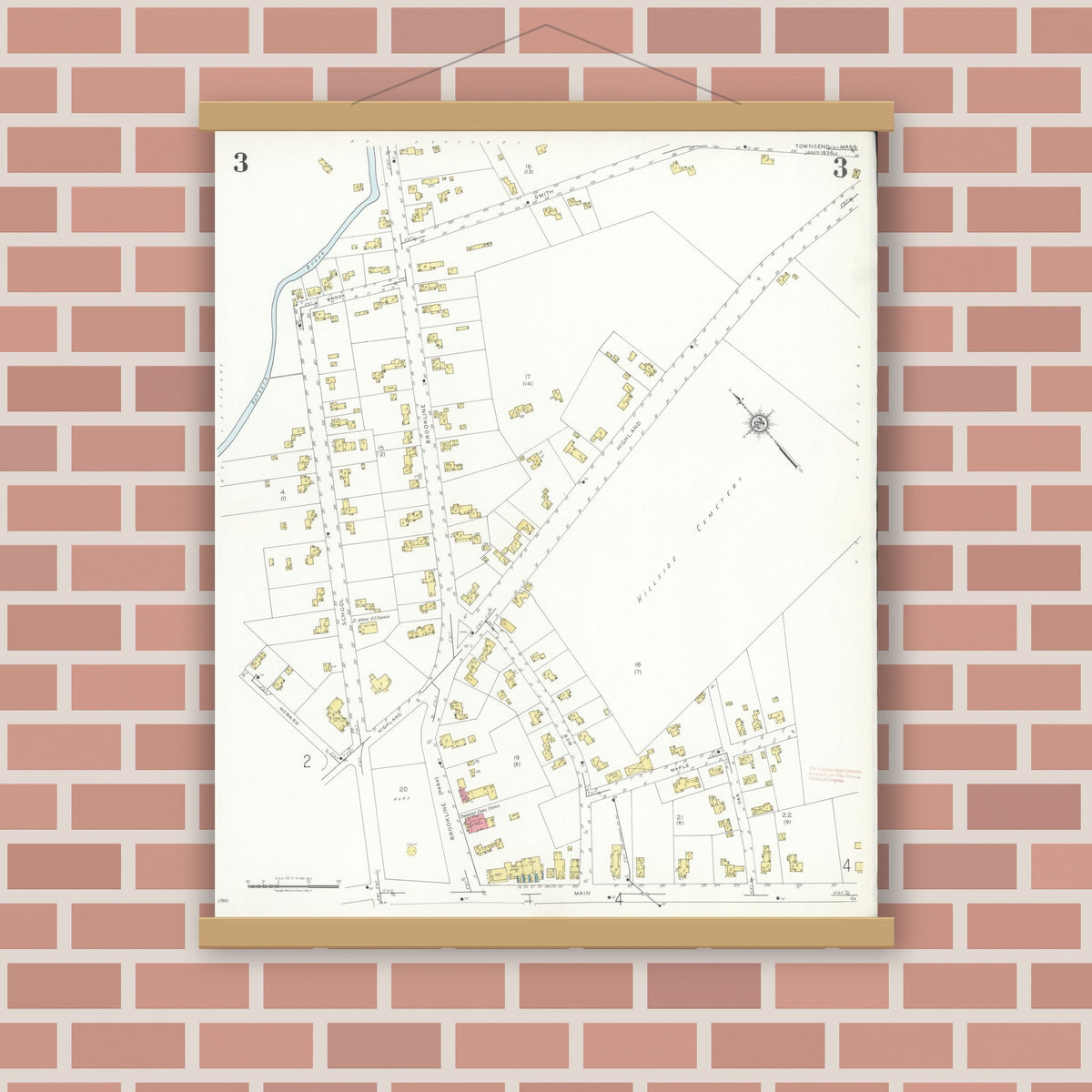 Old map wall art mockup — magnetic wood frame on brick wall — Sanborn Fire Insurance Map from Townsend, Middlesex County, Massachusetts (1936), Sheet #0003