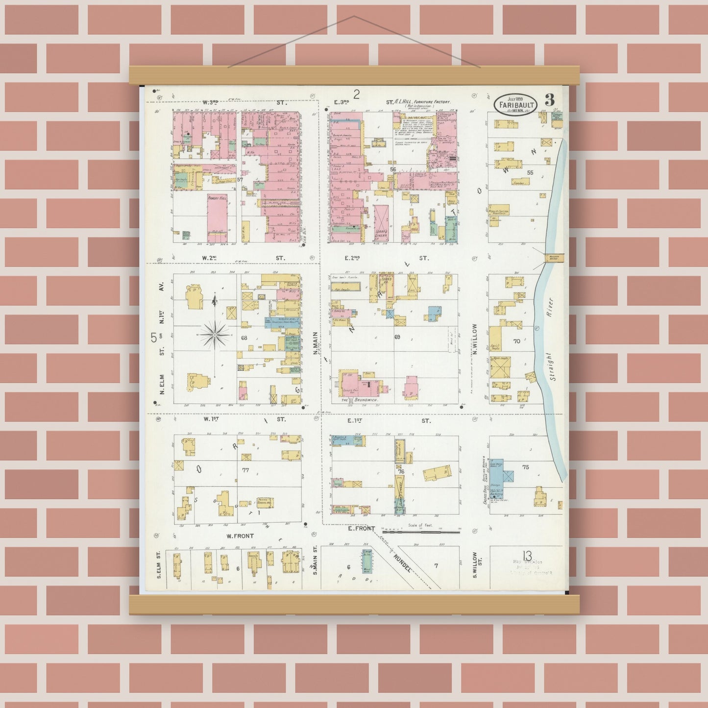 Old map wall art mockup — magnetic wood frame on brick wall — Sanborn Fire Insurance Map from Faribault, Rice County, Minnesota (1899), Sheet #0003