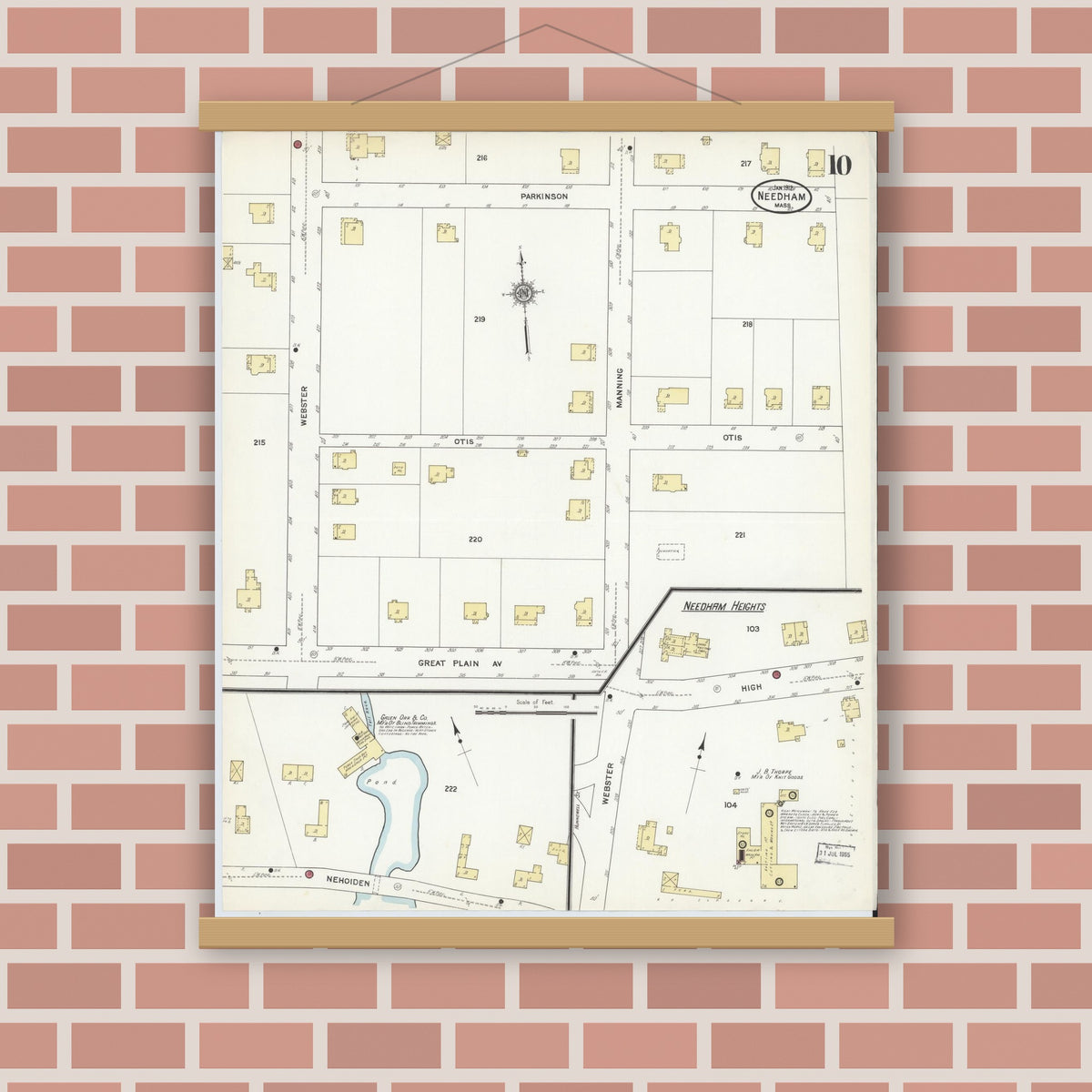 Old map wall art mockup — magnetic wood frame on brick wall — Sanborn Fire Insurance Map from Needham, Norfolk County, Massachusetts (1912), Sheet #0010