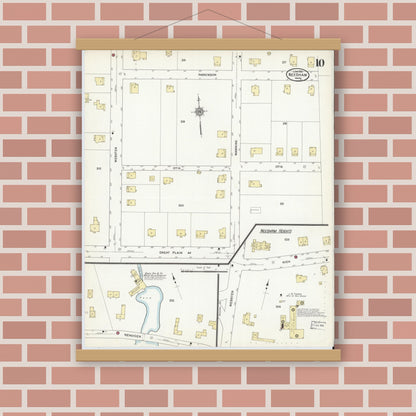 Old map wall art mockup — magnetic wood frame on brick wall — Sanborn Fire Insurance Map from Needham, Norfolk County, Massachusetts (1912), Sheet #0010