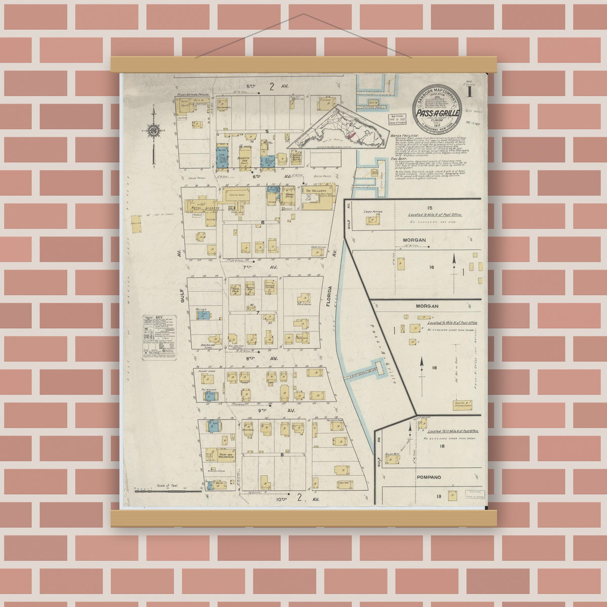 Old map wall art mockup — magnetic wood frame on brick wall — Sanborn Fire Insurance Map from Pass-a-Grille, Pinellas County, Florida (1917), Sheet #0001