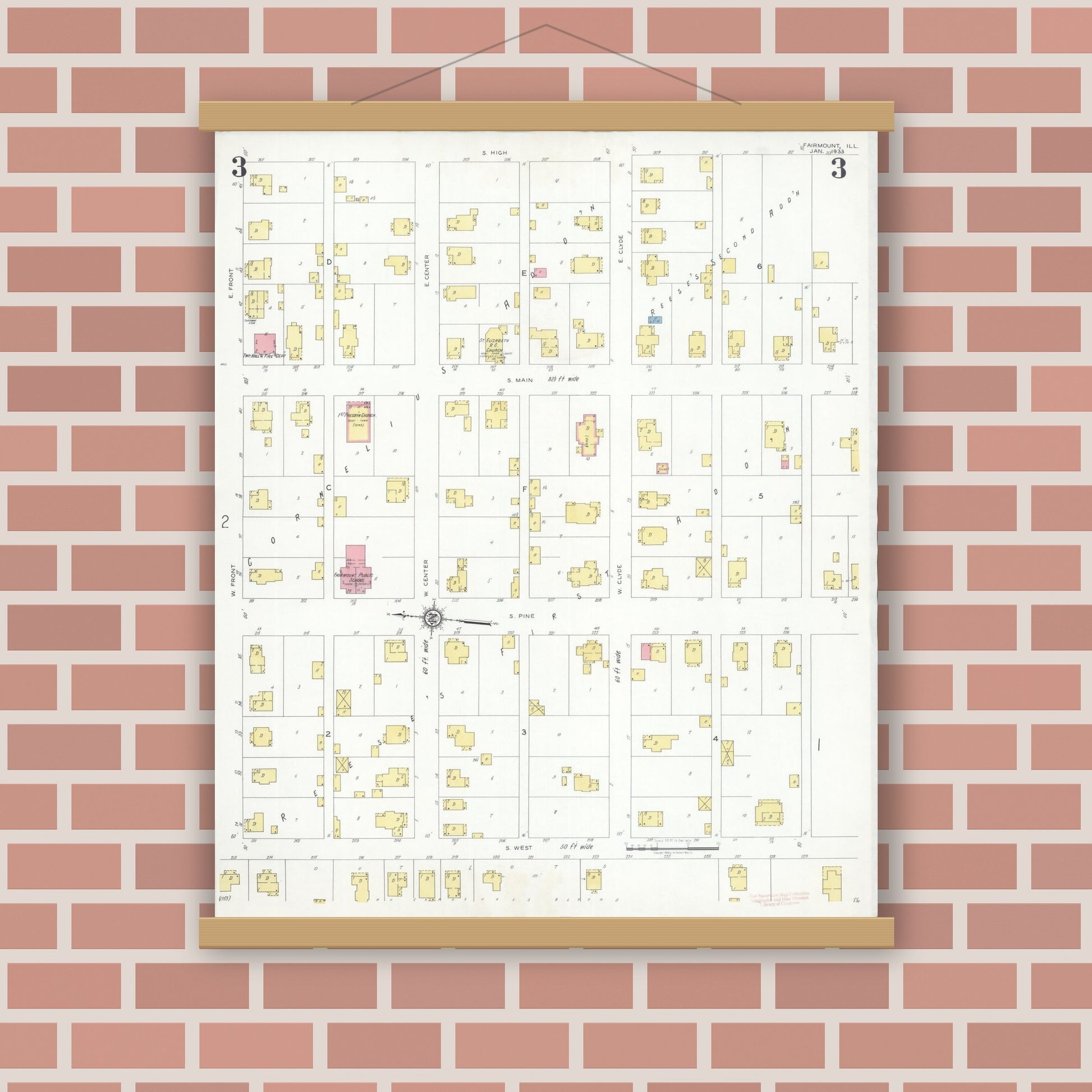 Old map wall art mockup — magnetic wood frame on brick wall — Sanborn Fire Insurance Map from Fairmount, Vermilion County, Illinois (1933), Sheet #0003