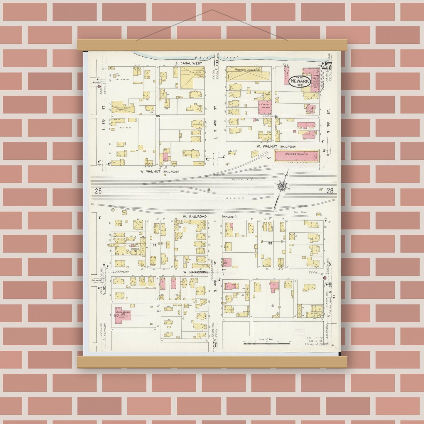 Old map wall art mockup — magnetic wood frame on brick wall — Sanborn Fire Insurance Map from Newark, Licking County, Ohio (1912), Sheet #0027
