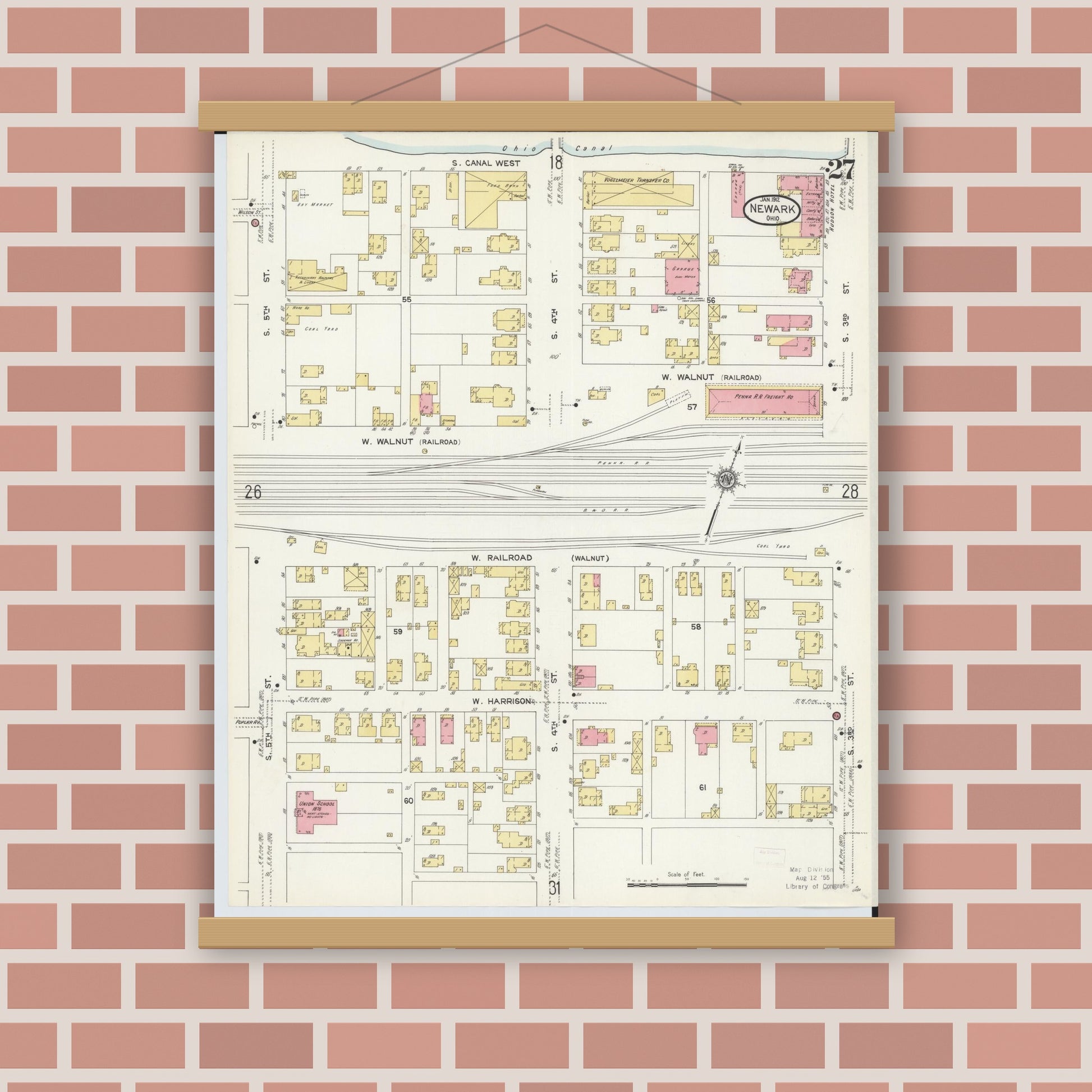 Old map wall art mockup — magnetic wood frame on brick wall — Sanborn Fire Insurance Map from Newark, Licking County, Ohio (1912), Sheet #0027