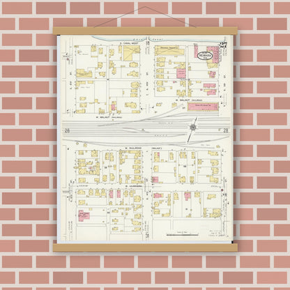 Old map wall art mockup — magnetic wood frame on brick wall — Sanborn Fire Insurance Map from Newark, Licking County, Ohio (1912), Sheet #0027
