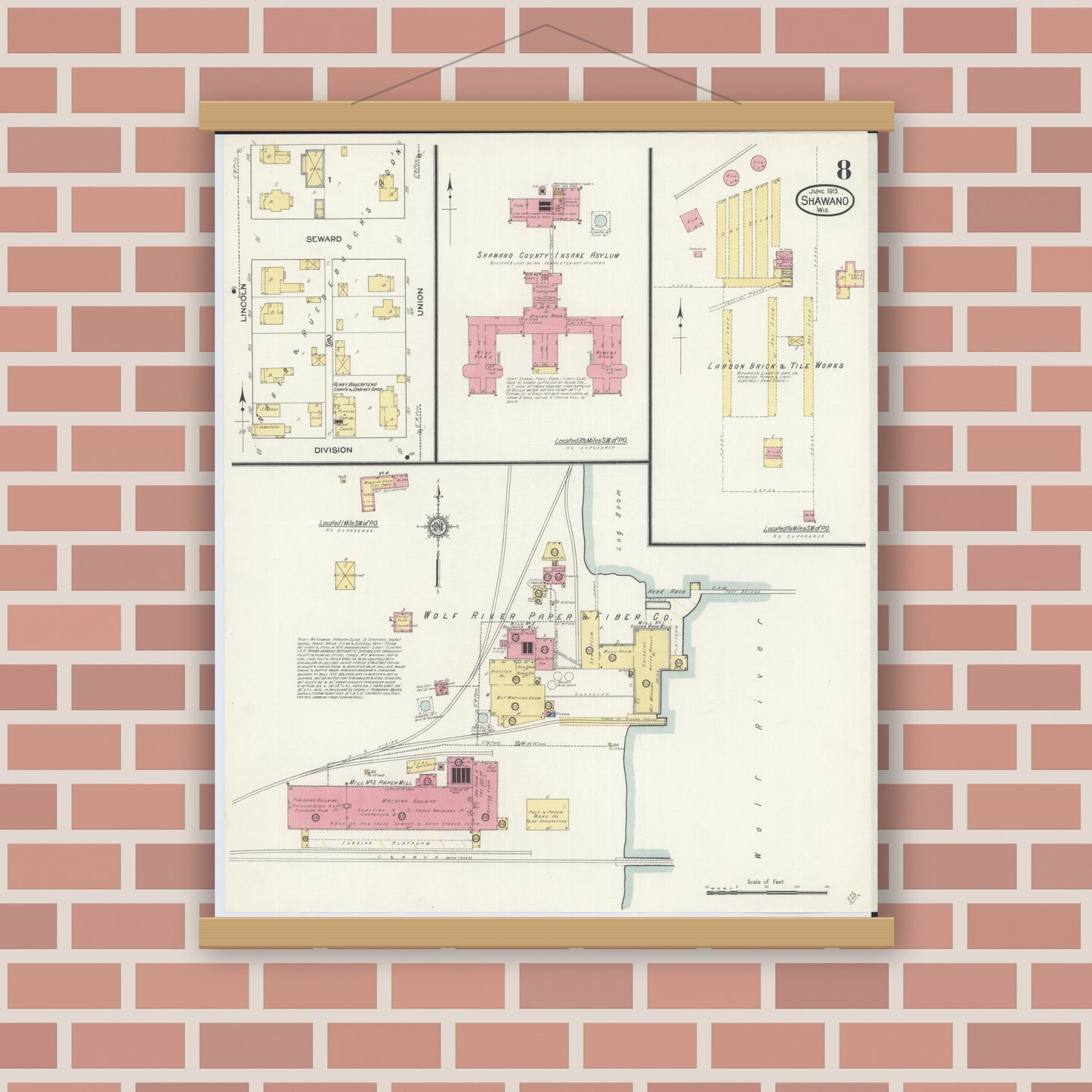 Old map wall art mockup — magnetic wood frame on brick wall — Sanborn Fire Insurance Map from Shawano, Shawano County, Wisconsin (1913), Sheet #0008