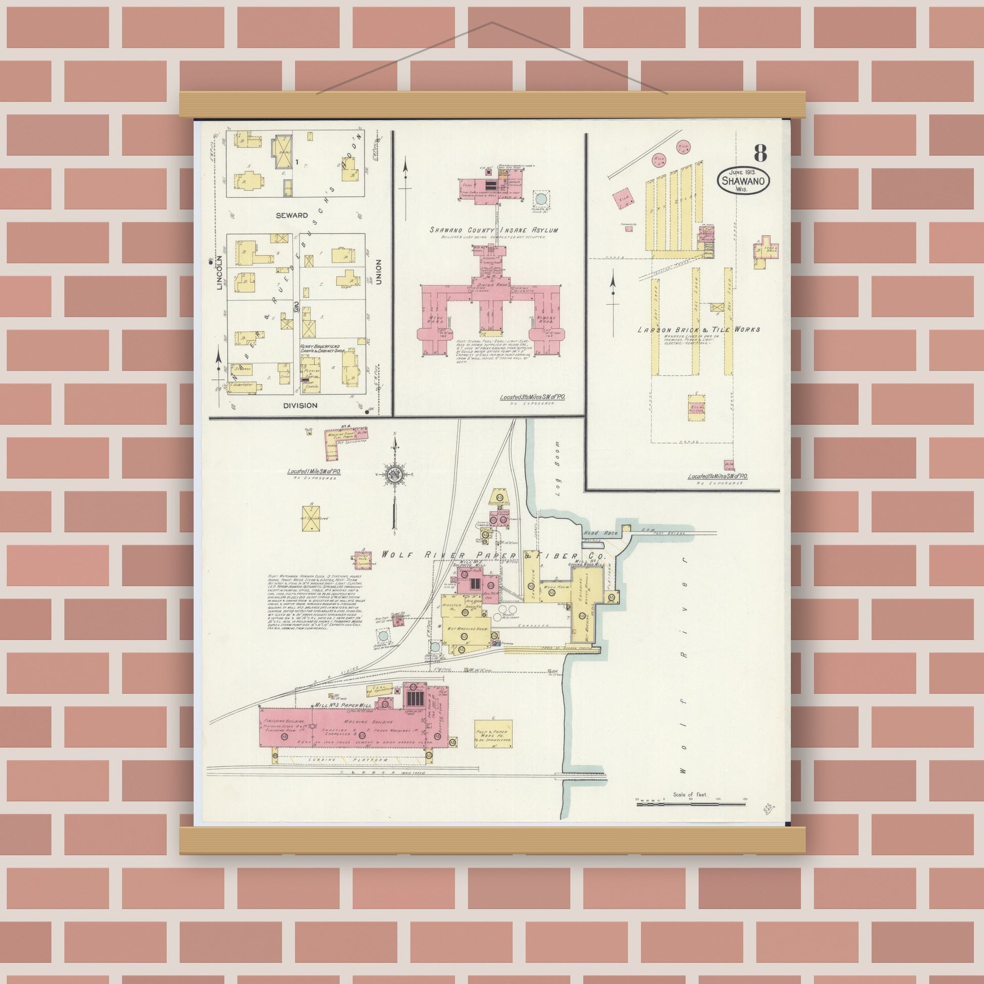 Old map wall art mockup — magnetic wood frame on brick wall — Sanborn Fire Insurance Map from Shawano, Shawano County, Wisconsin (1913), Sheet #0008