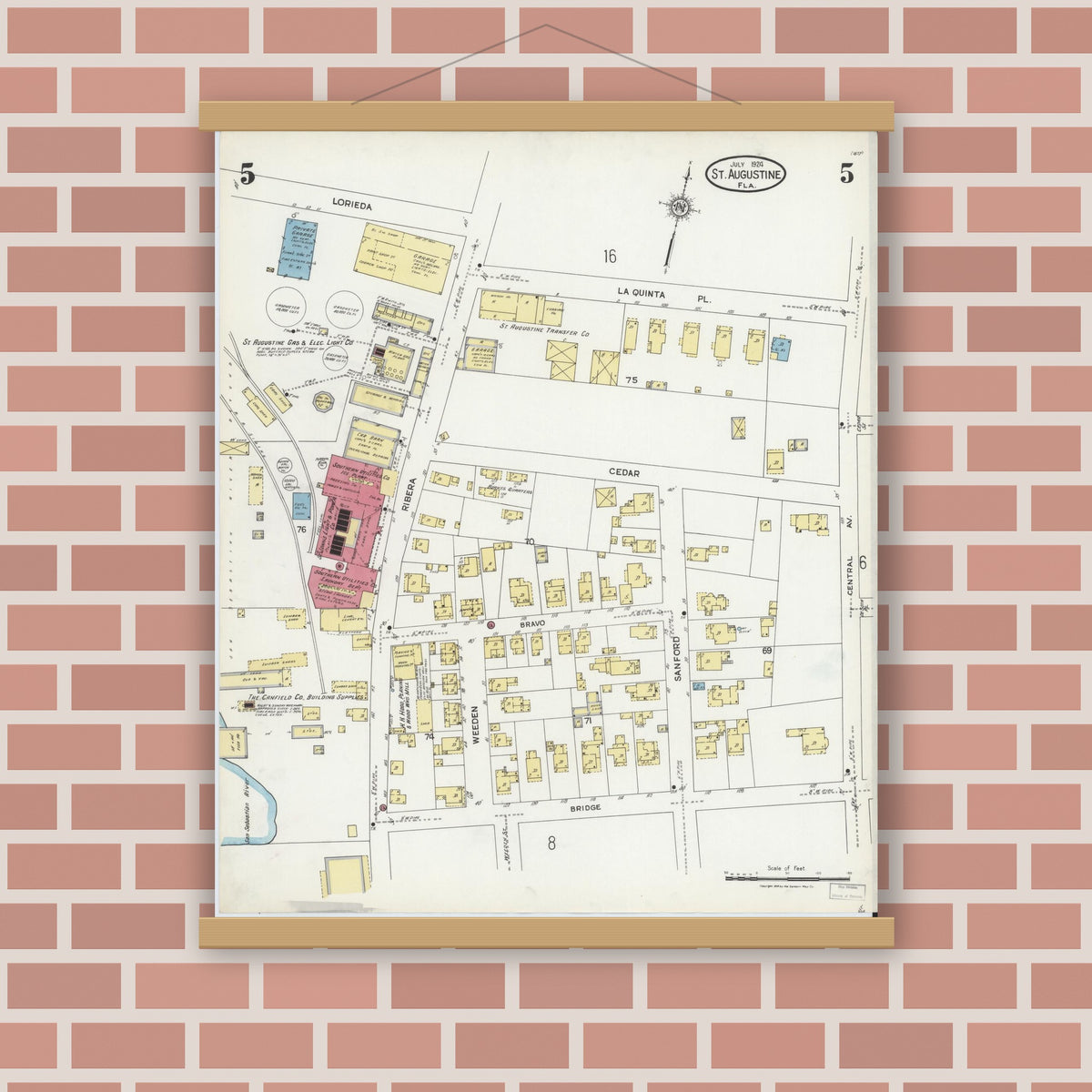 Old map wall art mockup — magnetic wood frame on brick wall — Sanborn Fire Insurance Map from Saint Augustine, Saint John's County, Florida (1924), Sheet #0005