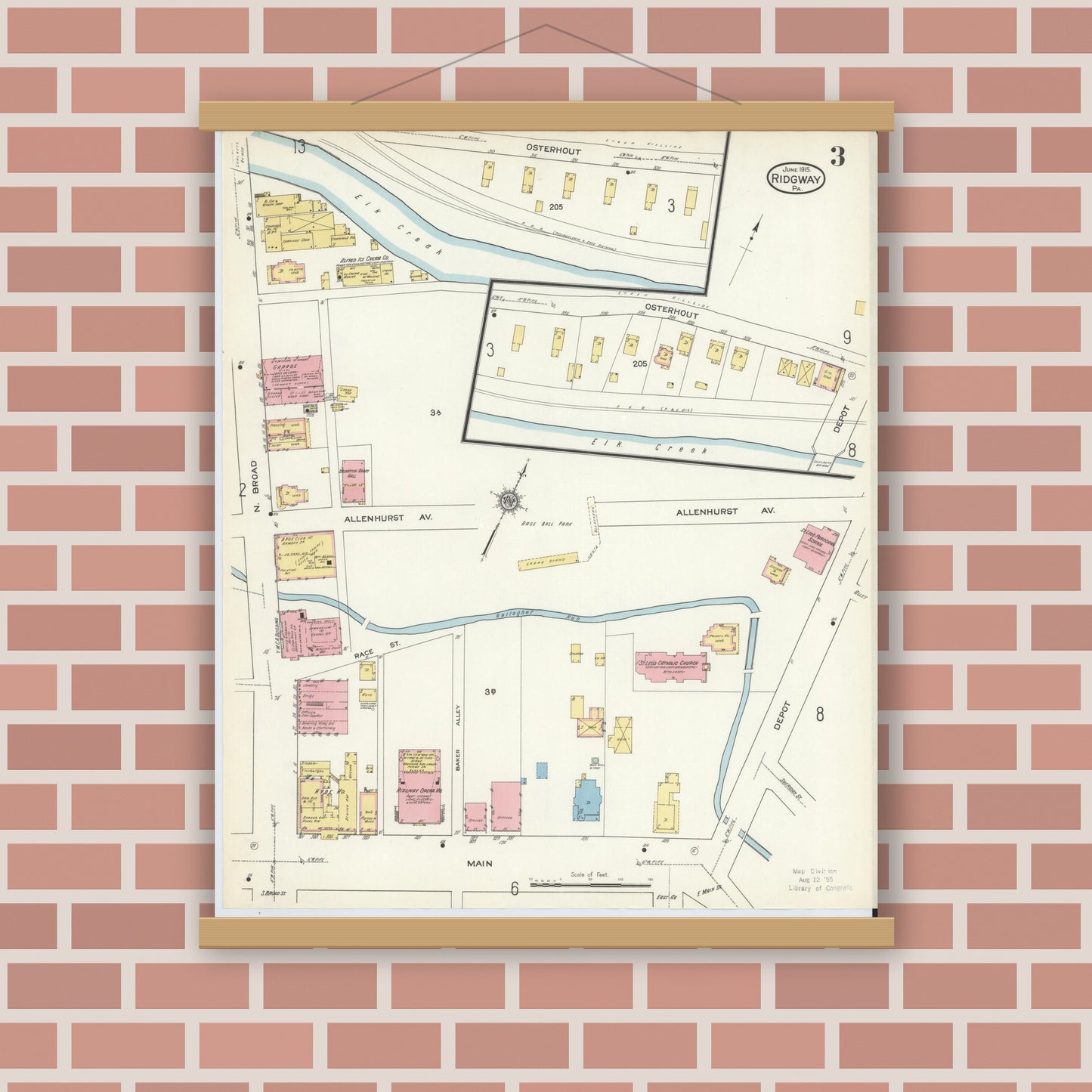 Old map wall art mockup — magnetic wood frame on brick wall — Sanborn Fire Insurance Map from Ridgway, Elk County, Pennsylvania (1915), Sheet #0003