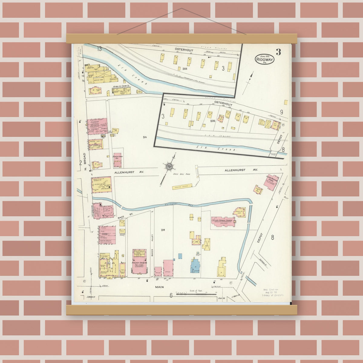 Old map wall art mockup — magnetic wood frame on brick wall — Sanborn Fire Insurance Map from Ridgway, Elk County, Pennsylvania (1915), Sheet #0003