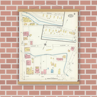 Old map wall art mockup — magnetic wood frame on brick wall — Sanborn Fire Insurance Map from Ridgway, Elk County, Pennsylvania (1915), Sheet #0003