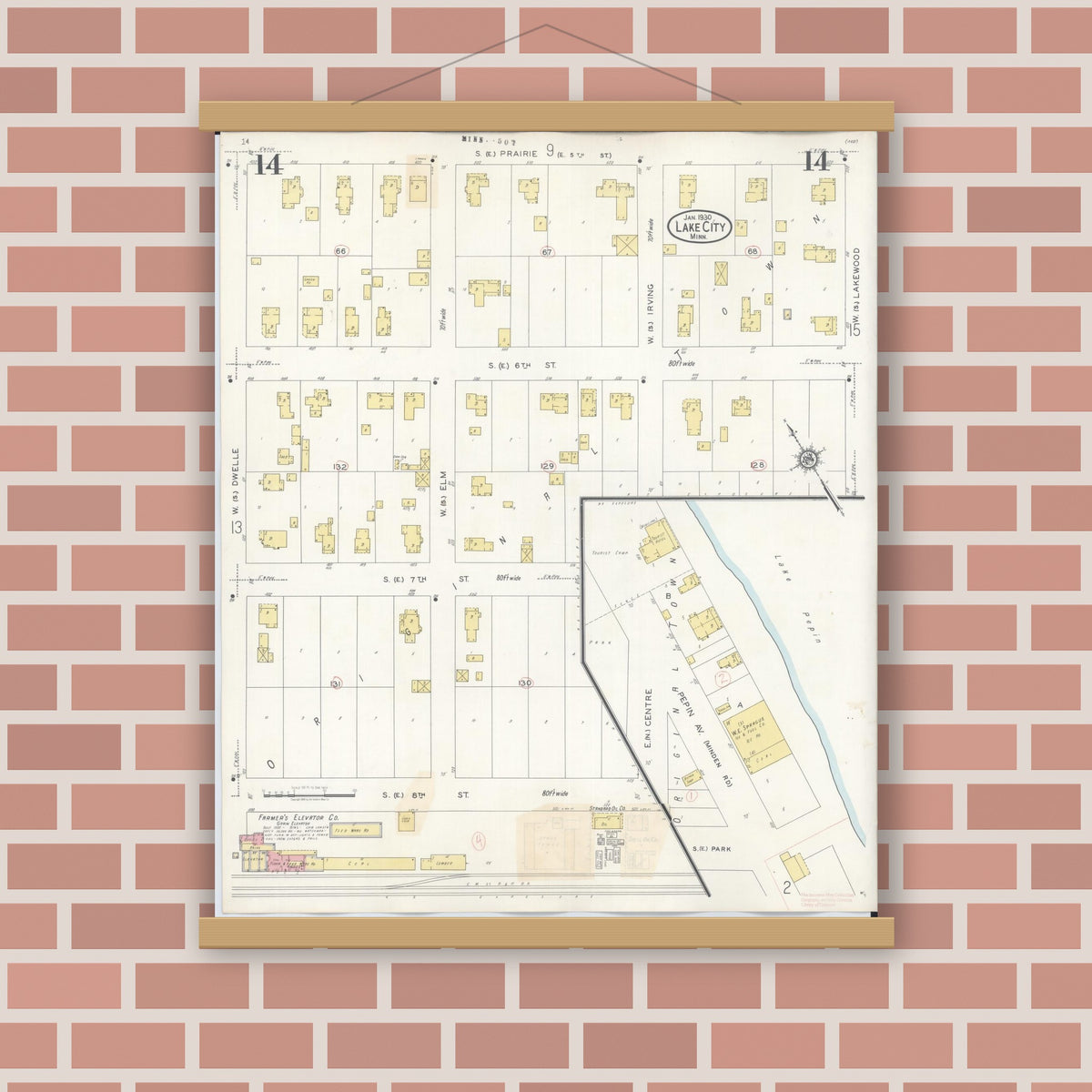 Old map wall art mockup — magnetic wood frame on brick wall — Sanborn Fire Insurance Map from Lake City, Wabasha County, Minnesota (1938), Sheet #0014