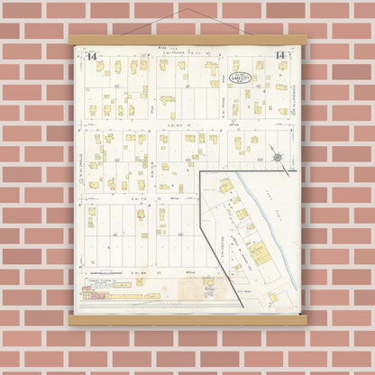 Old map wall art mockup — magnetic wood frame on brick wall — Sanborn Fire Insurance Map from Lake City, Wabasha County, Minnesota (1938), Sheet #0014