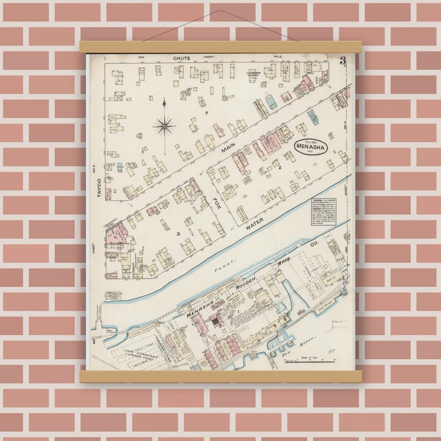 Old map wall art mockup — magnetic wood frame on brick wall — Sanborn Fire Insurance Map from Menasha, Winnebago County, Wisconsin (1884), Sheet #0003