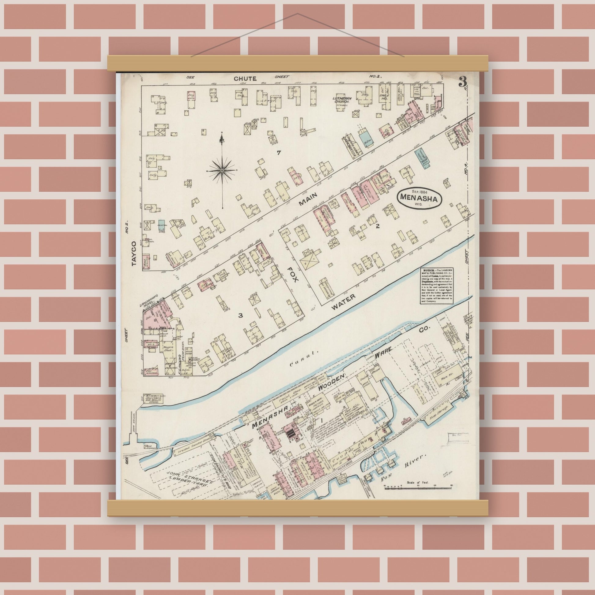 Old map wall art mockup — magnetic wood frame on brick wall — Sanborn Fire Insurance Map from Menasha, Winnebago County, Wisconsin (1884), Sheet #0003