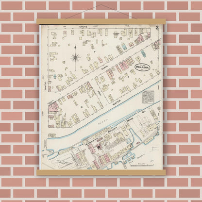 Old map wall art mockup — magnetic wood frame on brick wall — Sanborn Fire Insurance Map from Menasha, Winnebago County, Wisconsin (1884), Sheet #0003