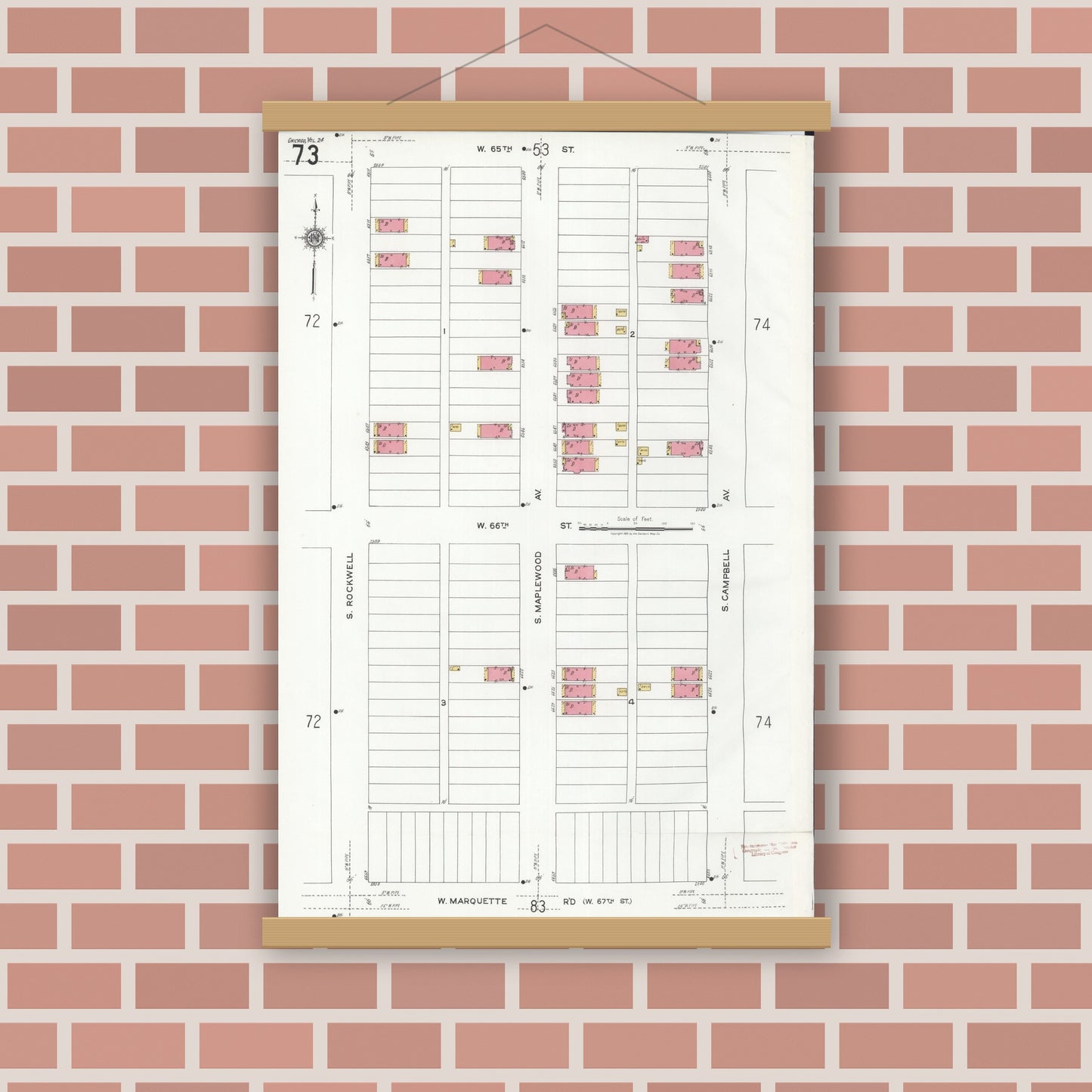 Old map wall art mockup — magnetic wood frame on brick wall — Sanborn Fire Insurance Map from Chicago, Cook County, Illinois (1920), Sheet #0073