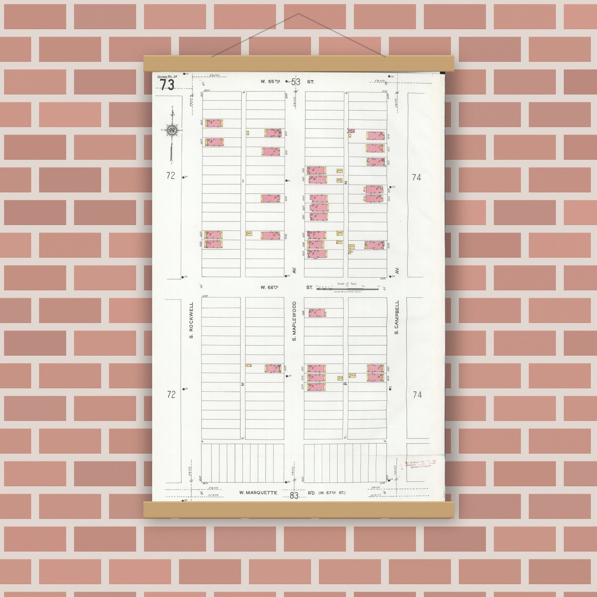 Old map wall art mockup — magnetic wood frame on brick wall — Sanborn Fire Insurance Map from Chicago, Cook County, Illinois (1920), Sheet #0073