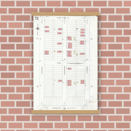 Old map wall art mockup — magnetic wood frame on brick wall — Sanborn Fire Insurance Map from Chicago, Cook County, Illinois (1920), Sheet #0073