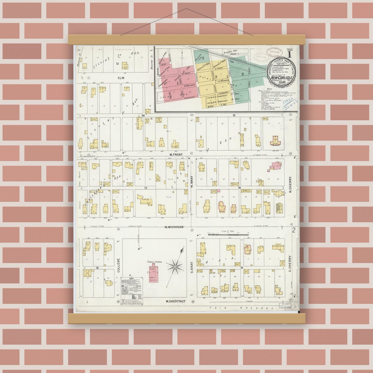 Old map wall art mockup — magnetic wood frame on brick wall — Sanborn Fire Insurance Map from New Carlisle, Saint Joseph County, Indiana (1899) - Complete Map Set