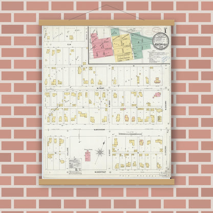 Old map wall art mockup — magnetic wood frame on brick wall — Sanborn Fire Insurance Map from New Carlisle, Saint Joseph County, Indiana (1899) - Complete Map Set