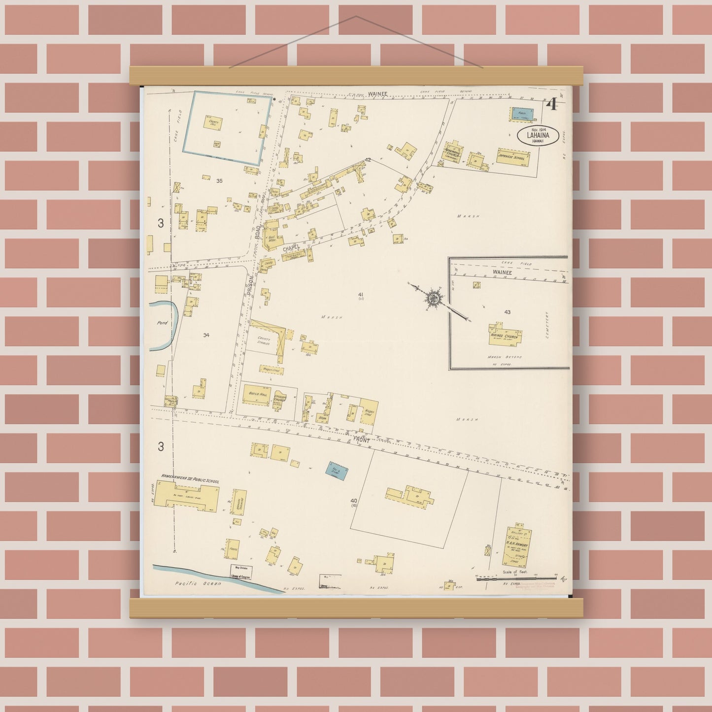 Old map wall art mockup — magnetic wood frame on brick wall — Sanborn Fire Insurance Map from Lahaina, Maui County, Hawaii (1914), Sheet #0004