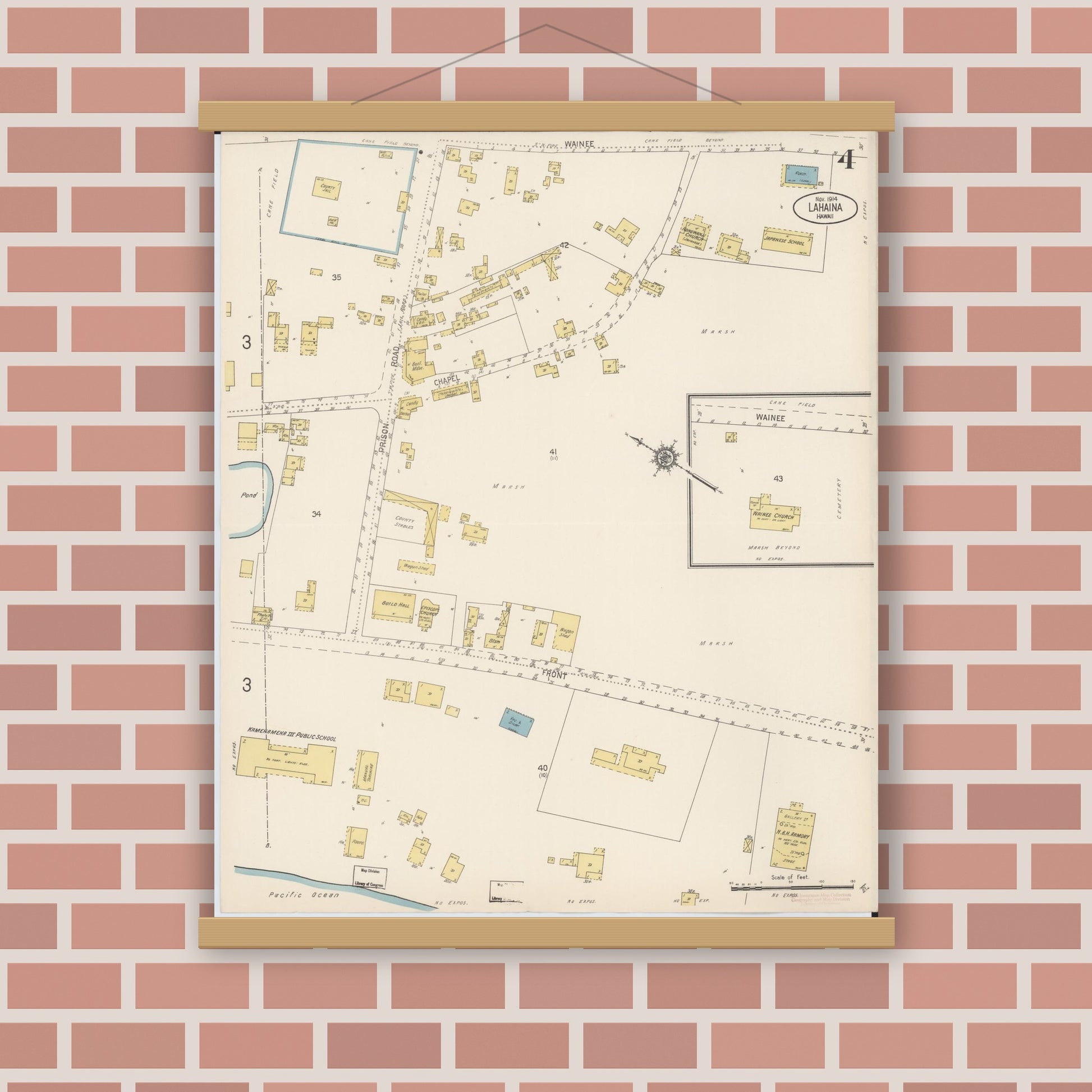 Old map wall art mockup — magnetic wood frame on brick wall — Sanborn Fire Insurance Map from Lahaina, Maui County, Hawaii (1914), Sheet #0004