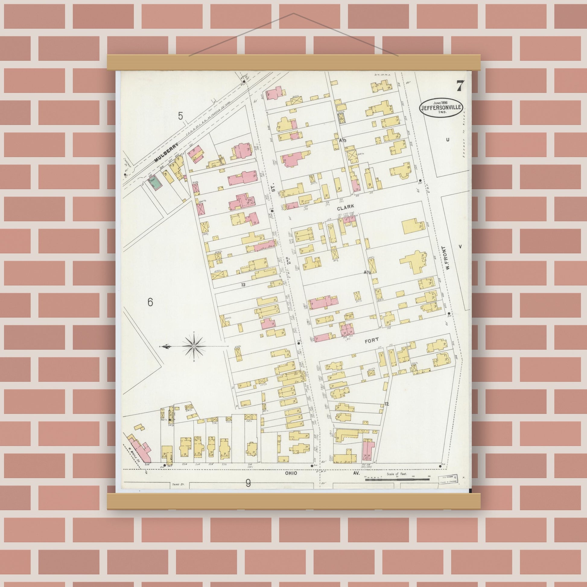 Old map wall art mockup — magnetic wood frame on brick wall — Sanborn Fire Insurance Map from Jeffersonville, Clark County, Indiana (1898), Sheet #0007