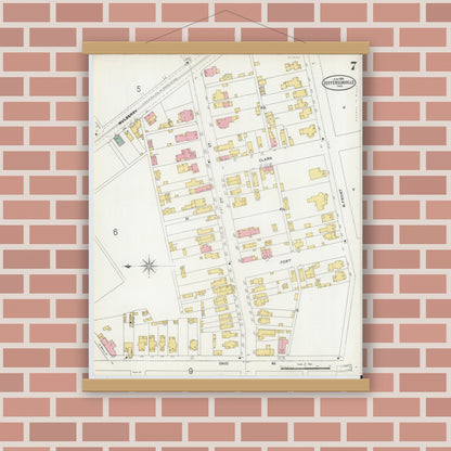 Old map wall art mockup — magnetic wood frame on brick wall — Sanborn Fire Insurance Map from Jeffersonville, Clark County, Indiana (1898), Sheet #0007