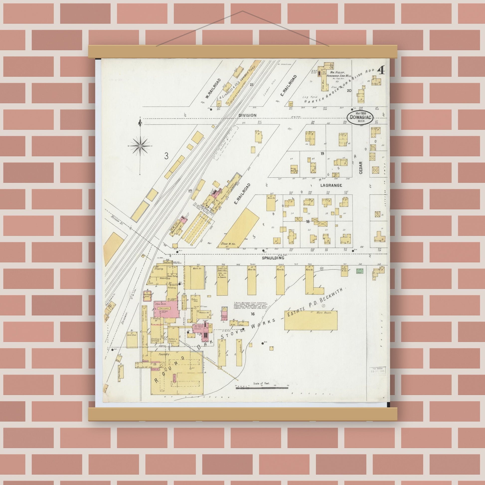 Old map wall art mockup — magnetic wood frame on brick wall — Sanborn Fire Insurance Map from Dowagiac, Cass County, Michigan (1899), Sheet #0004