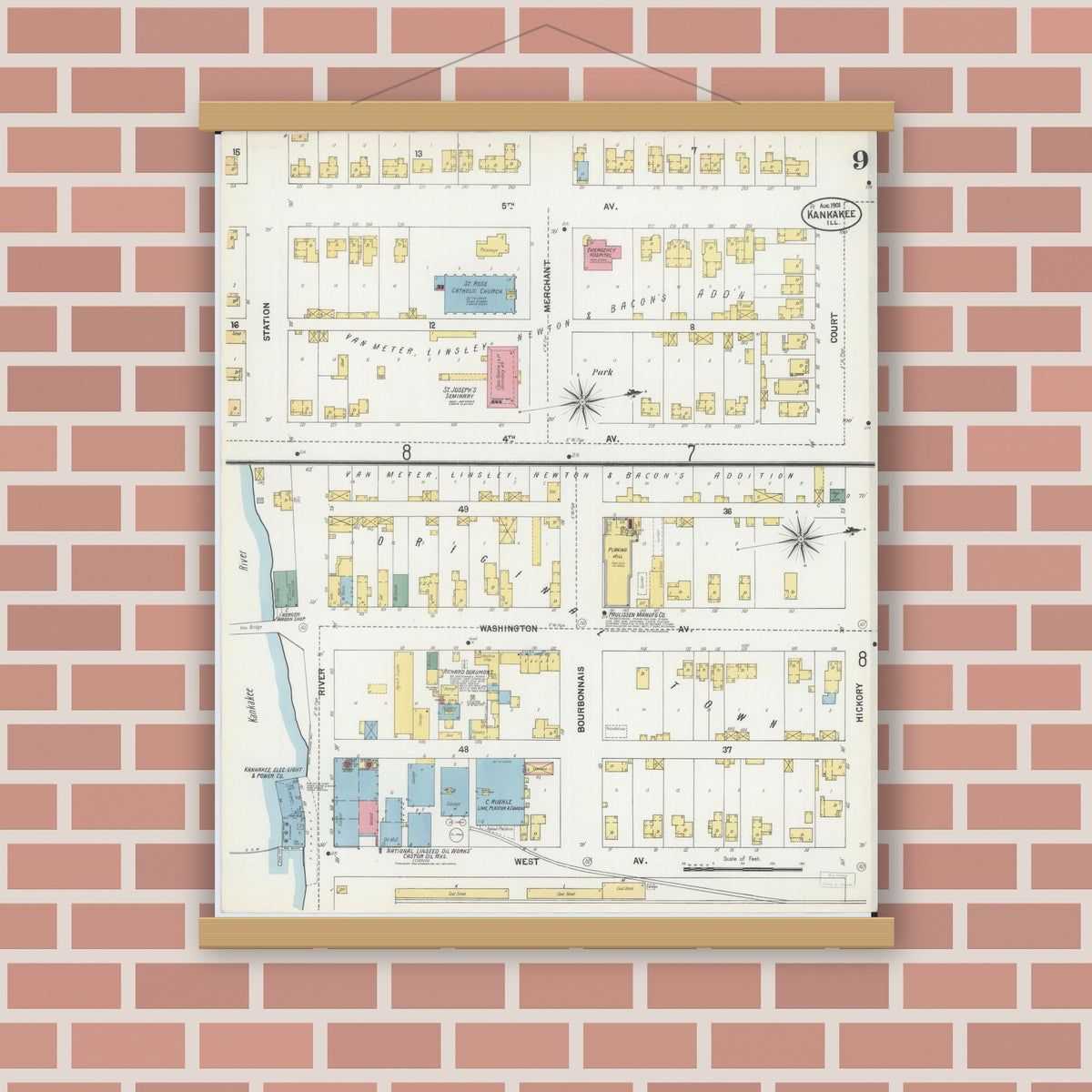 Old map wall art mockup — magnetic wood frame on brick wall — Sanborn Fire Insurance Map from Kankakee, Kankakee County, Illinois (1901), Sheet #0009