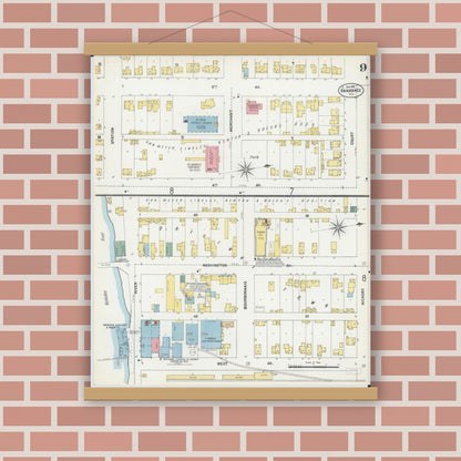 Old map wall art mockup — magnetic wood frame on brick wall — Sanborn Fire Insurance Map from Kankakee, Kankakee County, Illinois (1901), Sheet #0009