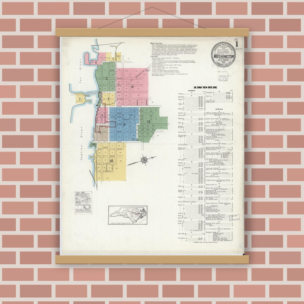 Old map wall art mockup — magnetic wood frame on brick wall — Sanborn Fire Insurance Map from Washington, Beaufort County, North Carolina (1916) - Complete Map Set