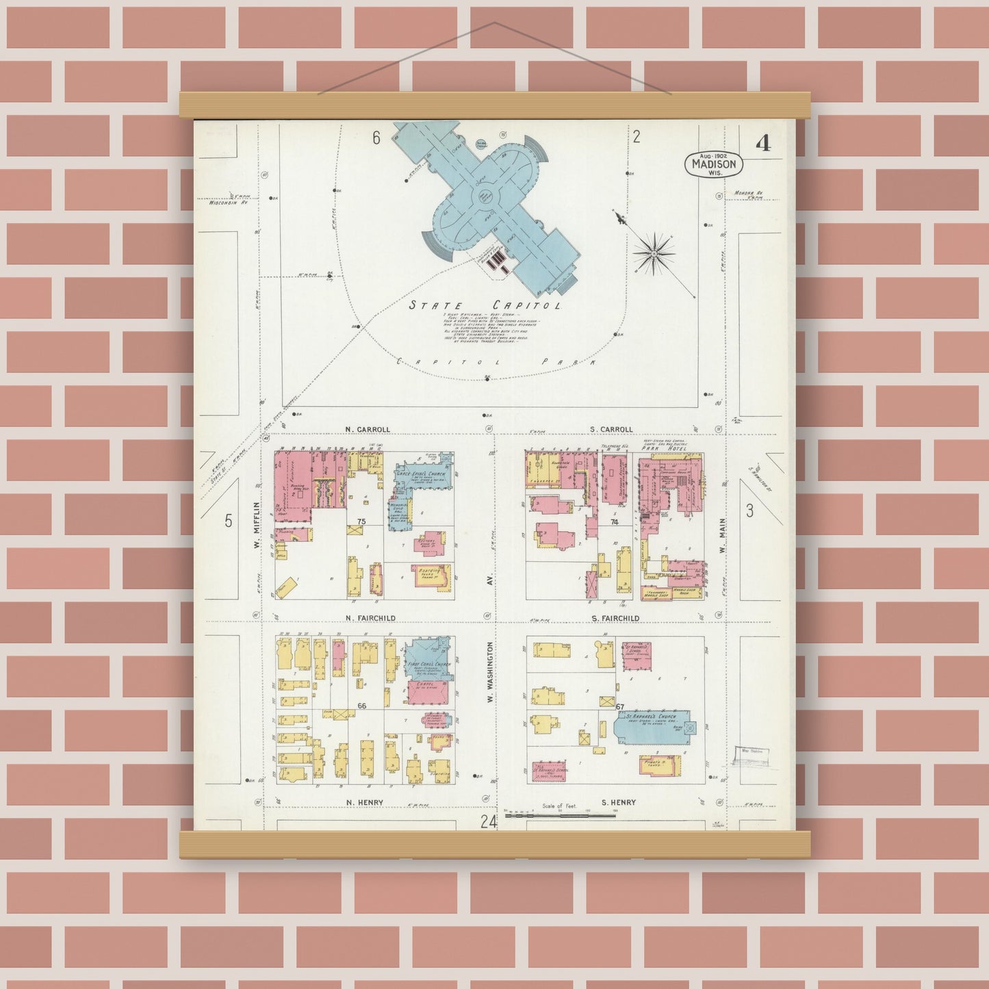 Old map wall art mockup — magnetic wood frame on brick wall — Sanborn Fire Insurance Map from Madison, Dane County, Wisconsin (1902), Sheet #0004