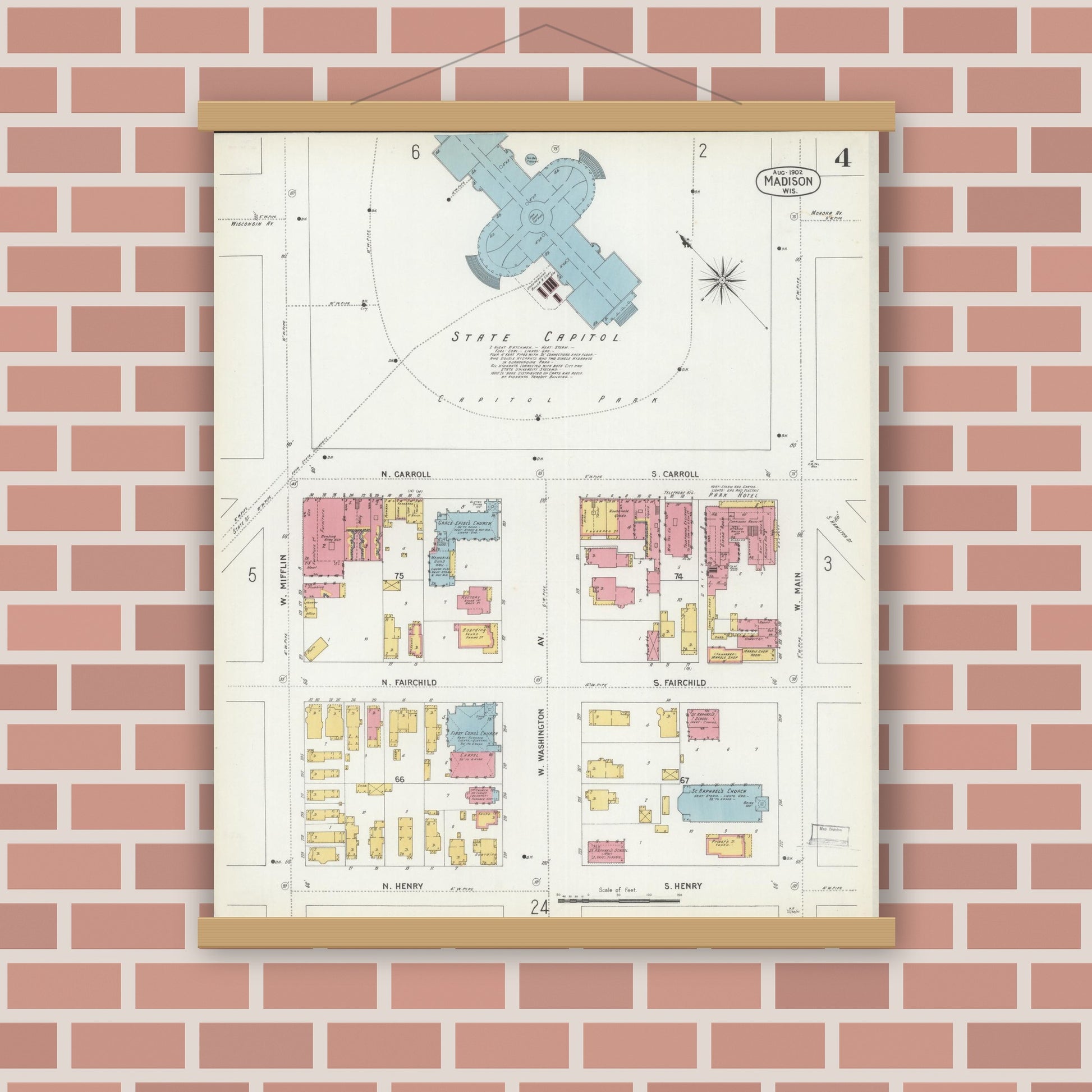 Old map wall art mockup — magnetic wood frame on brick wall — Sanborn Fire Insurance Map from Madison, Dane County, Wisconsin (1902), Sheet #0004